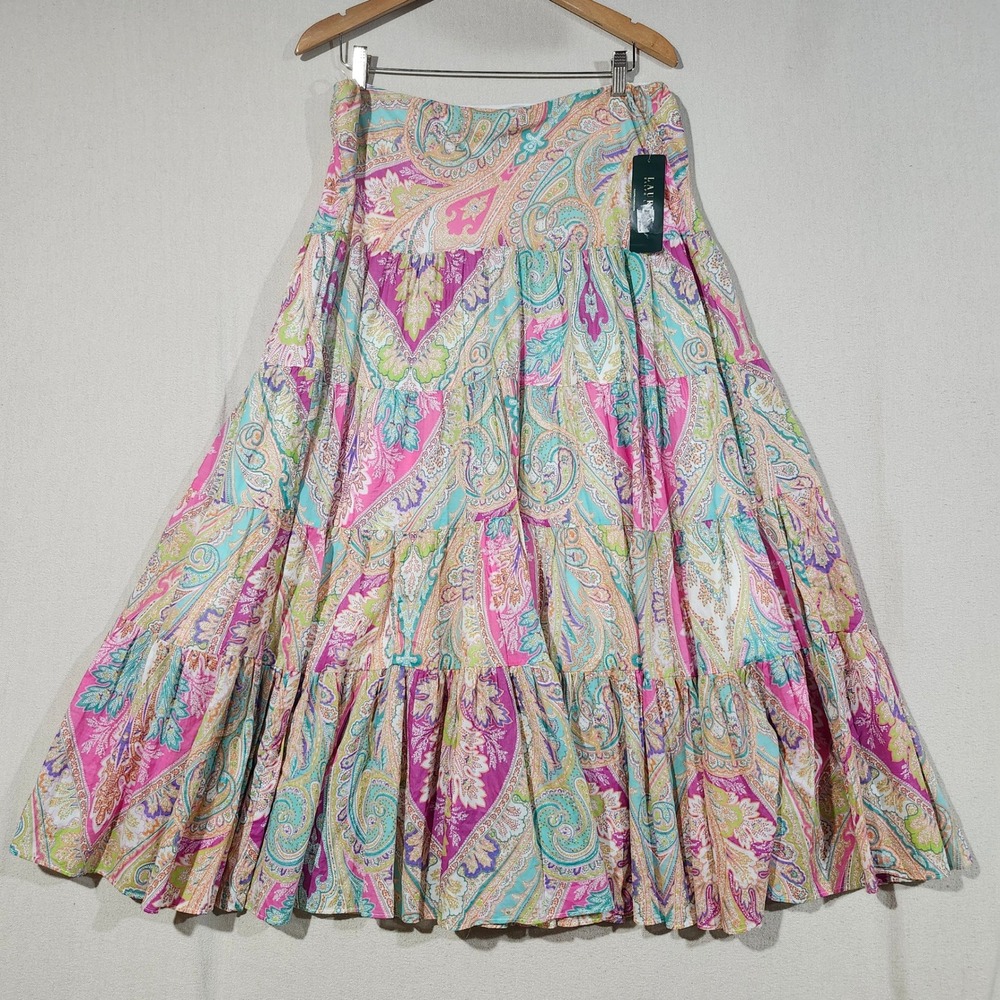 Lauren Ralph Lauren Women Pink Paisley Tiered Cotton Maxi Skirt Size Large NWT